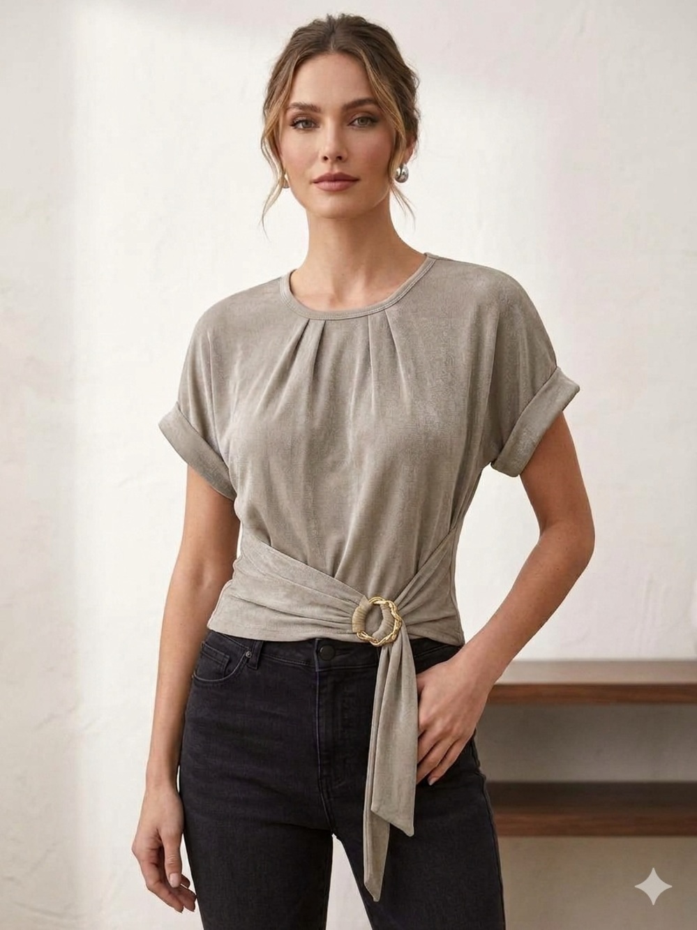 NWT Taupe Short Sleeve Tie-Waist Top with Ring Detail